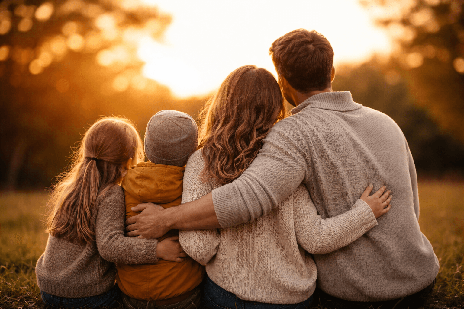 A family outdoors at sunset
